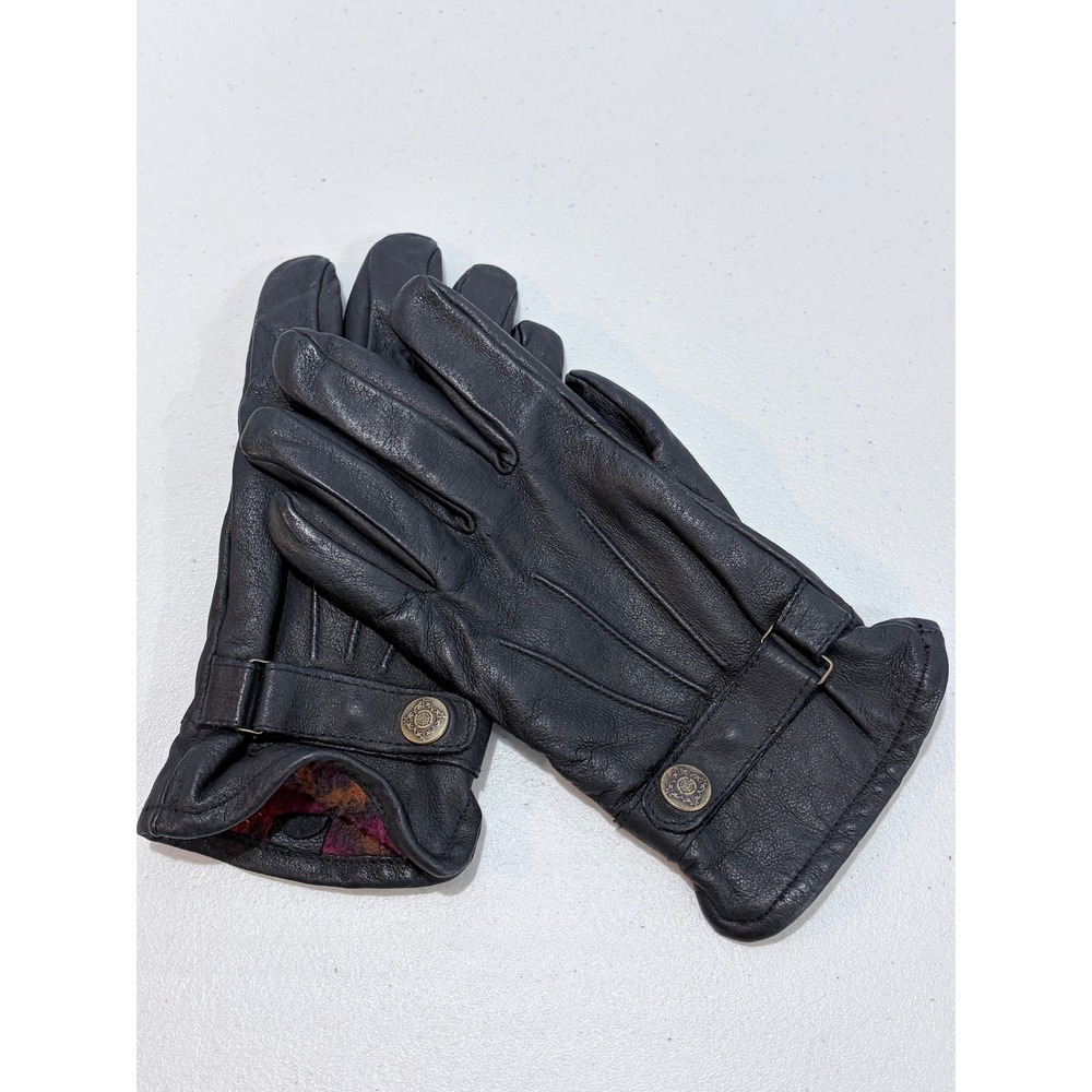 Black Leather Gloves Fleece Lined Crest Button Wrist Strap Womens Medium